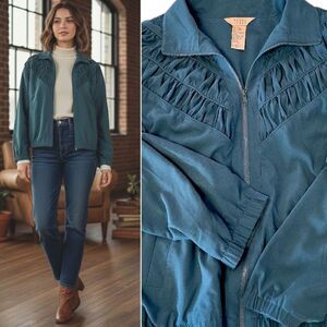 VTG 80s 90s Teddi Teal Ruched Detail Zip Up Bomber Jacket SZ Large